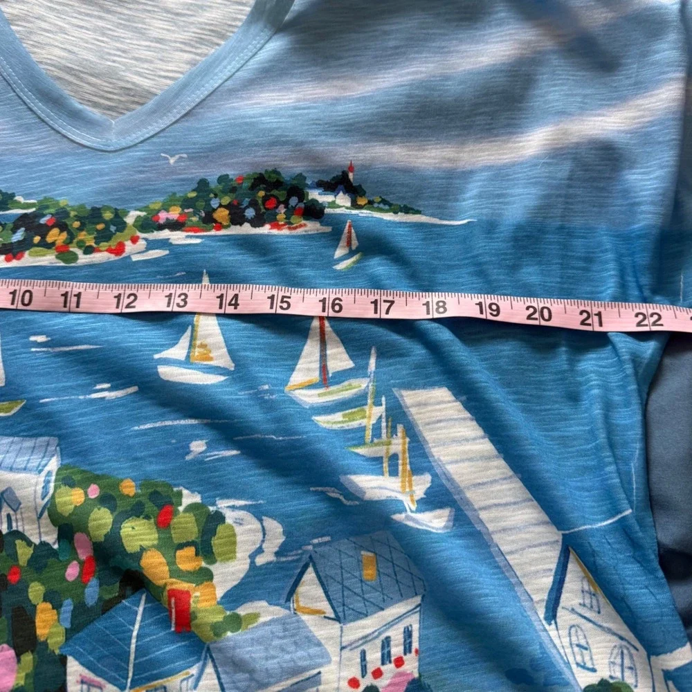 Jess & Jane Nautical Sailboat Coastal Art Print V-Neck Slub Knit Top Blue Medium